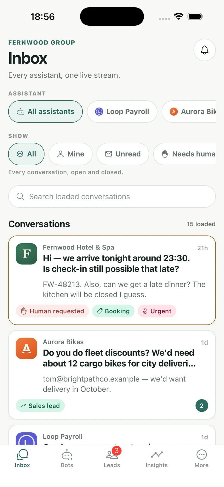 The Matter Chat inbox on an iPhone, with three assistants and tagged conversations